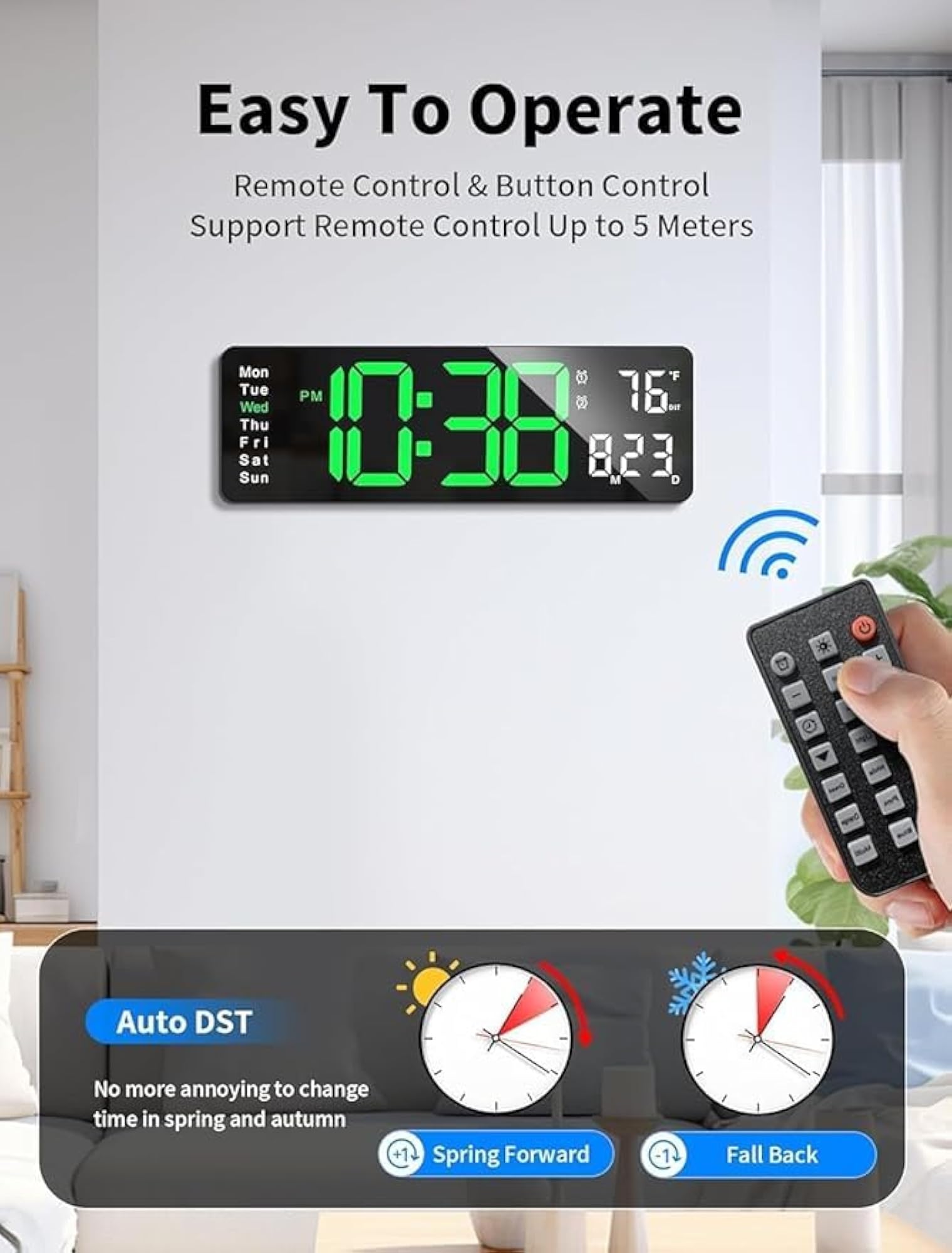 Digital Wall Clock with Remote Control, Large Display